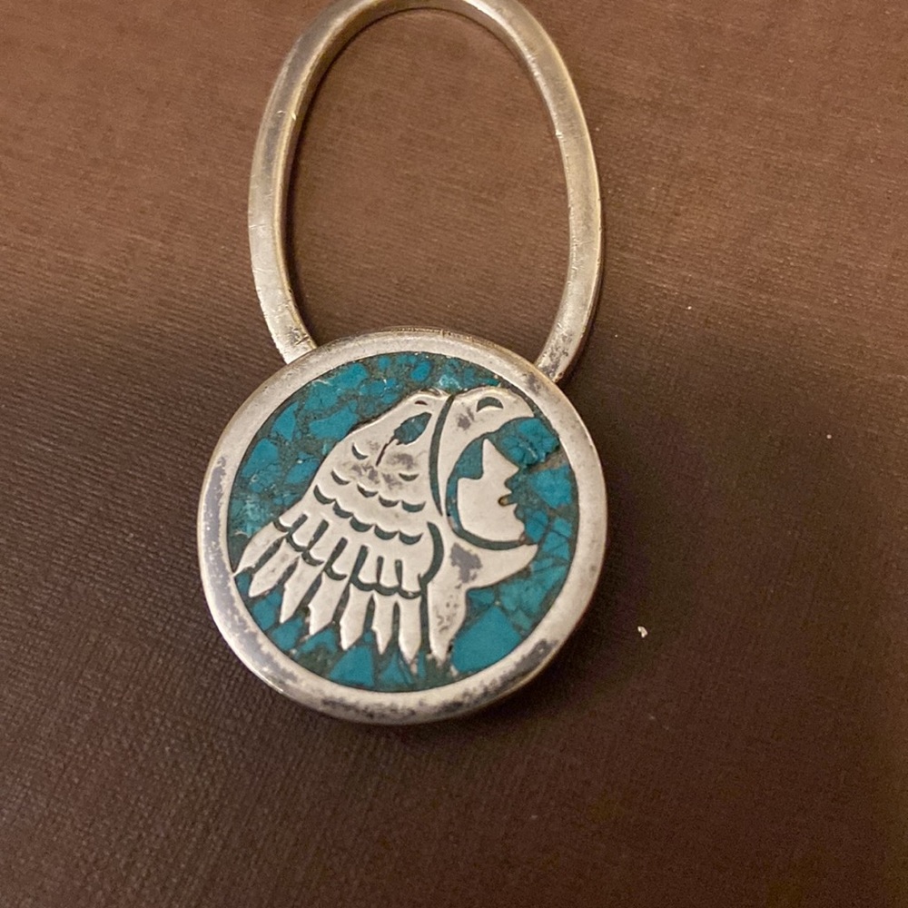 Vintage crushed turquoise inlay tribal key ring Mexico Taxco 925